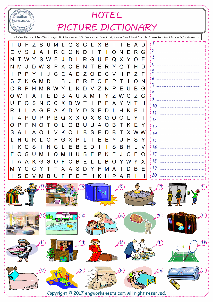  For kids, check the picture of Hotel find, and write the word and find it in the word puzzle ESL printable worksheet. 